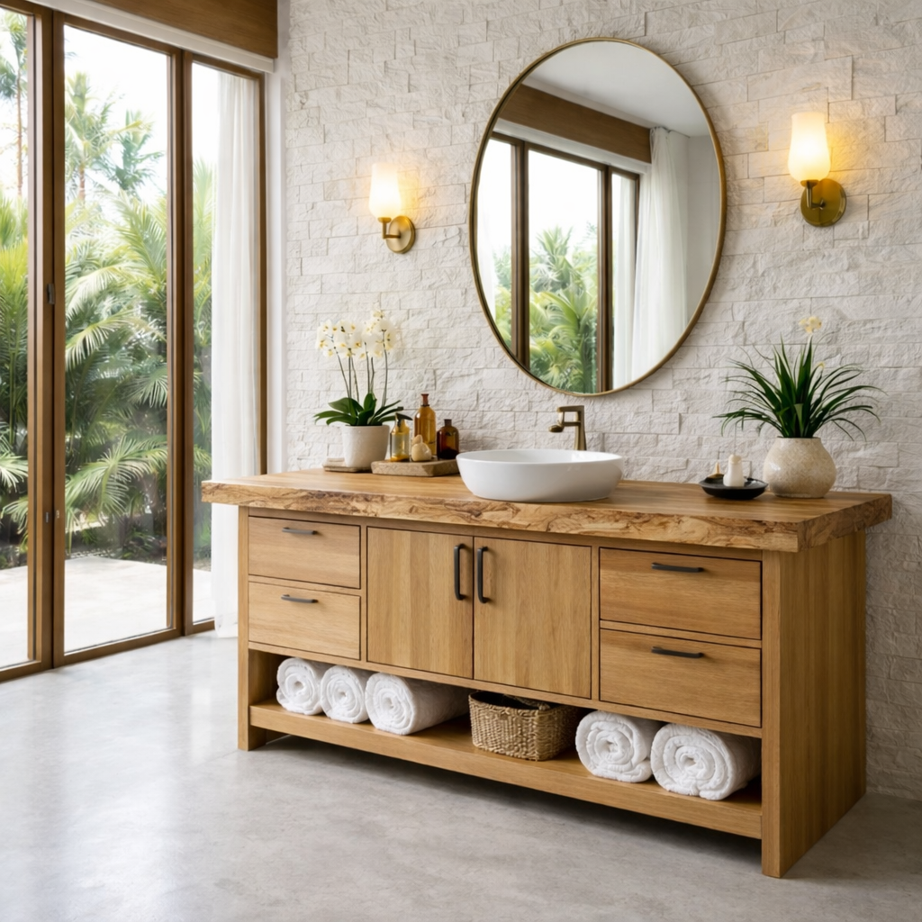 Solid Wood Bathroom Vanity with Drawers, Double Doors and Open Shelf