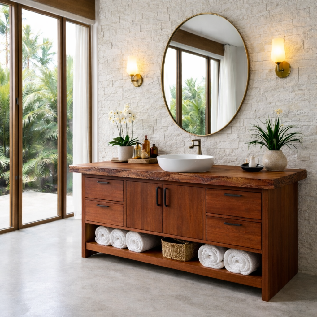 Solid Wood Bathroom Vanity with Drawers, Double Doors and Open Shelf