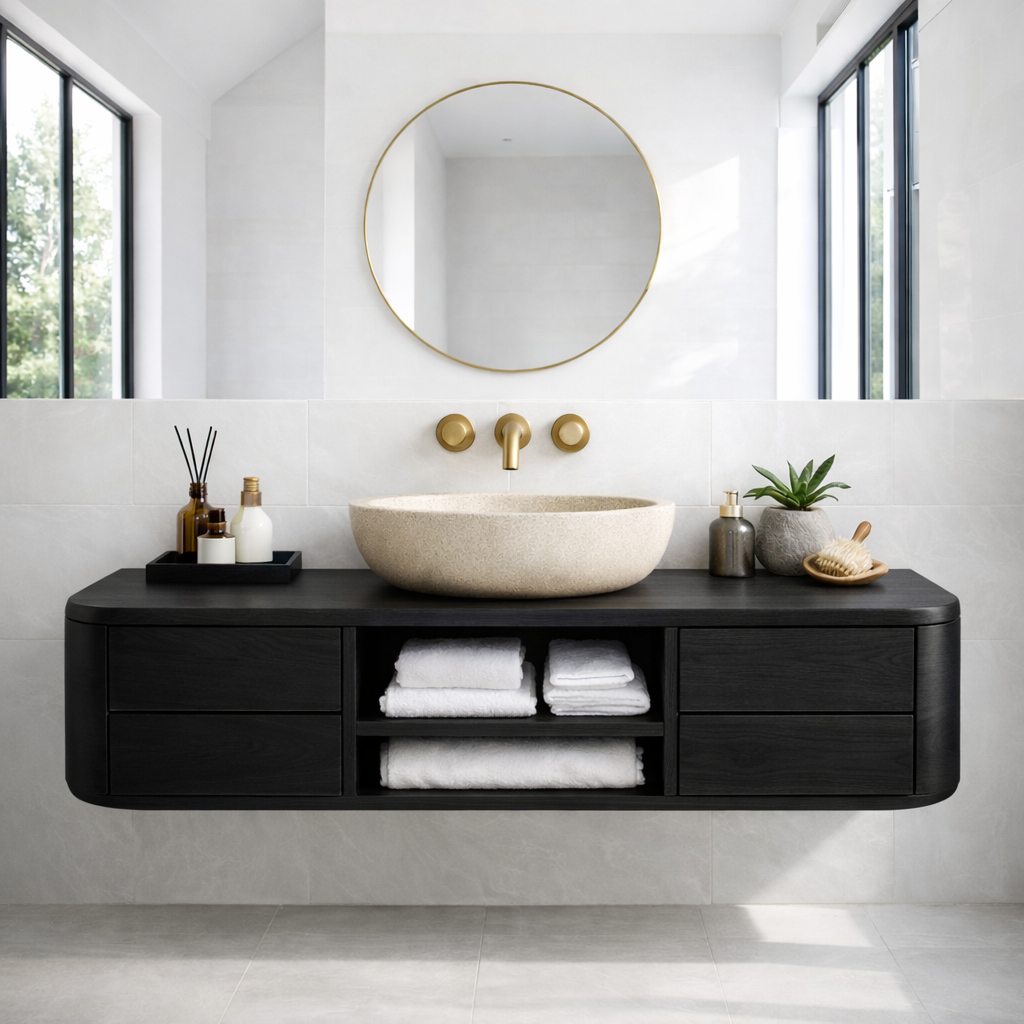 Floating Solid Wood Bathroom Vanity with Drawers & Open Shelf – Modern Wall Mounted