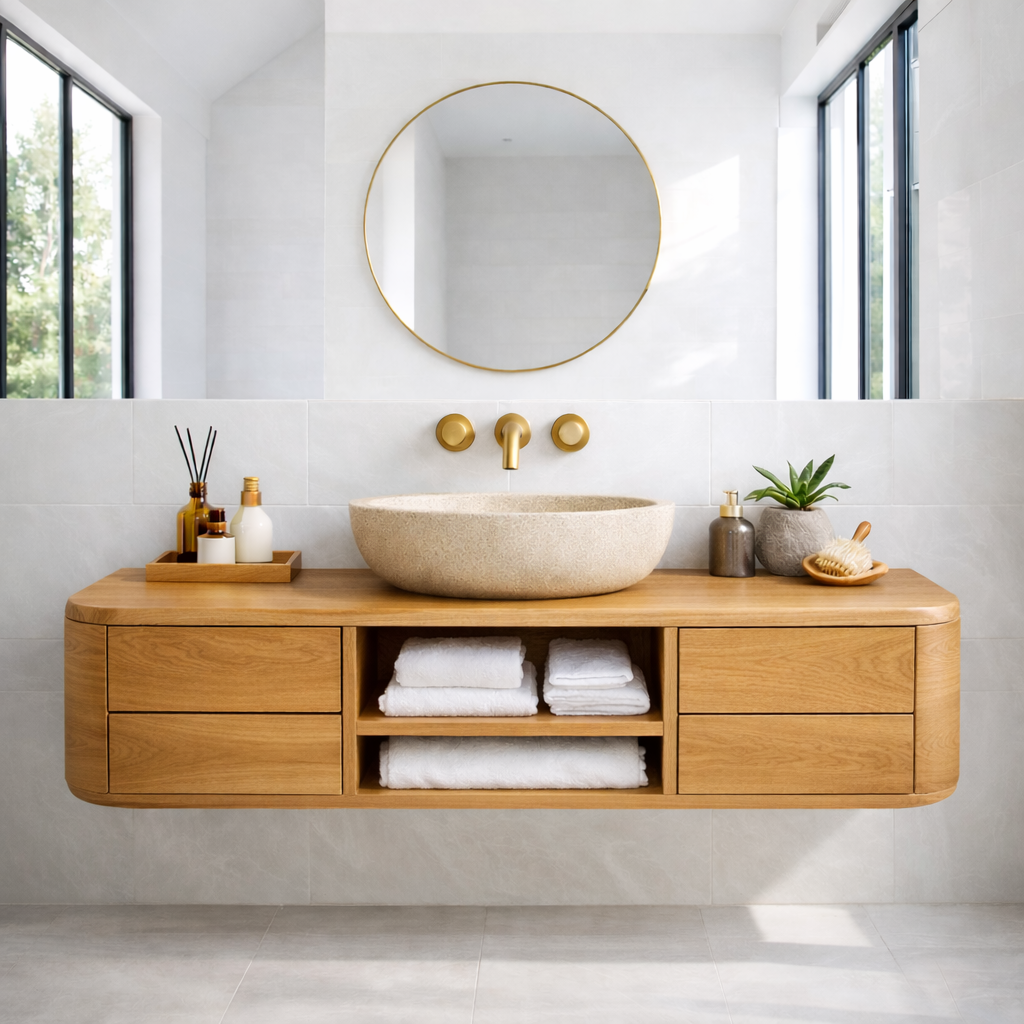 Floating Solid Wood Bathroom Vanity with Drawers & Open Shelf – Modern Wall Mounted