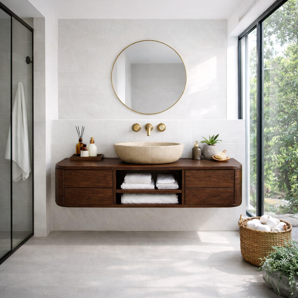 Floating Solid Wood Bathroom Vanity with Drawers & Open Shelf – Modern Wall Mounted