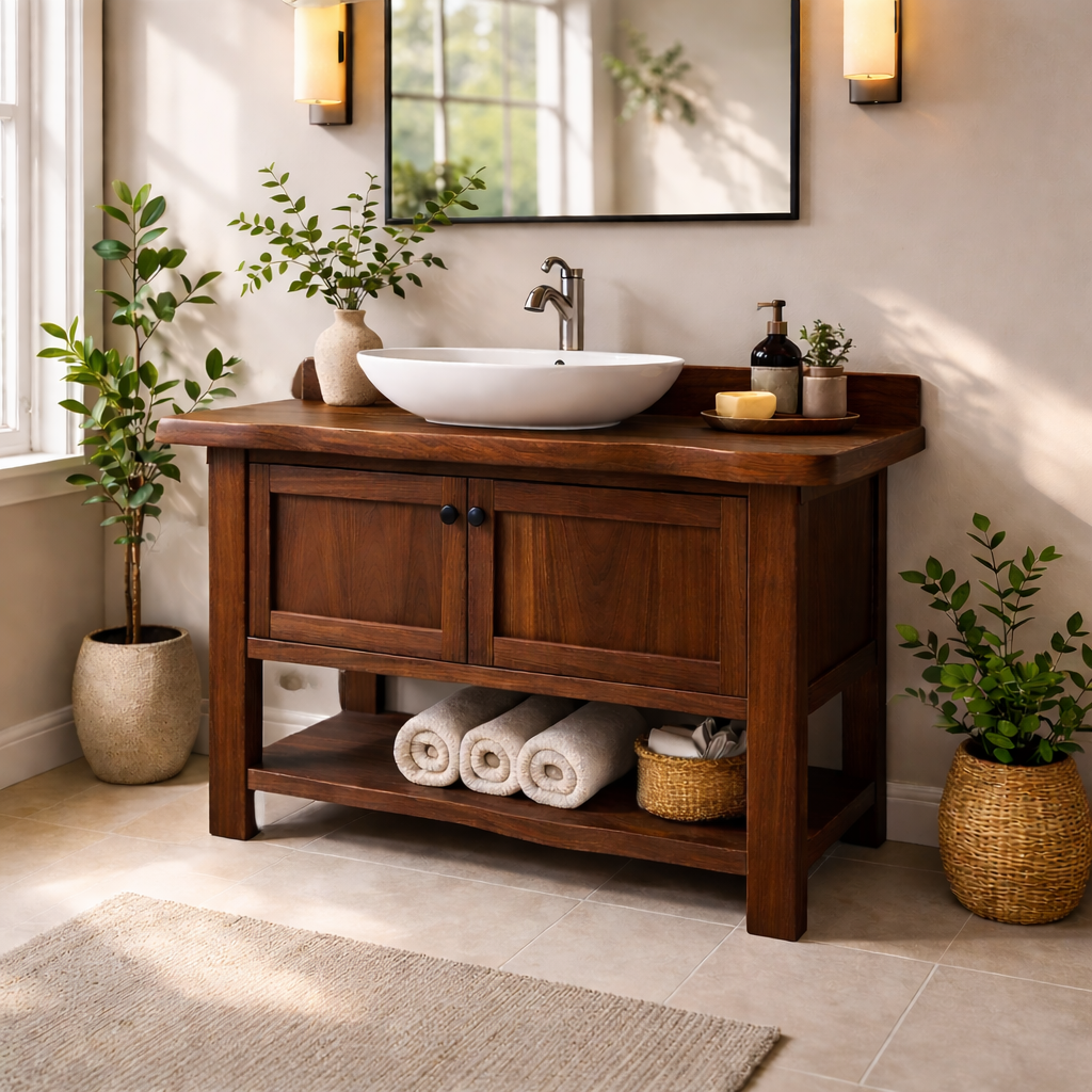 Solid Wood Bathroom Vanity with Double Doors & Open Shelf Storage