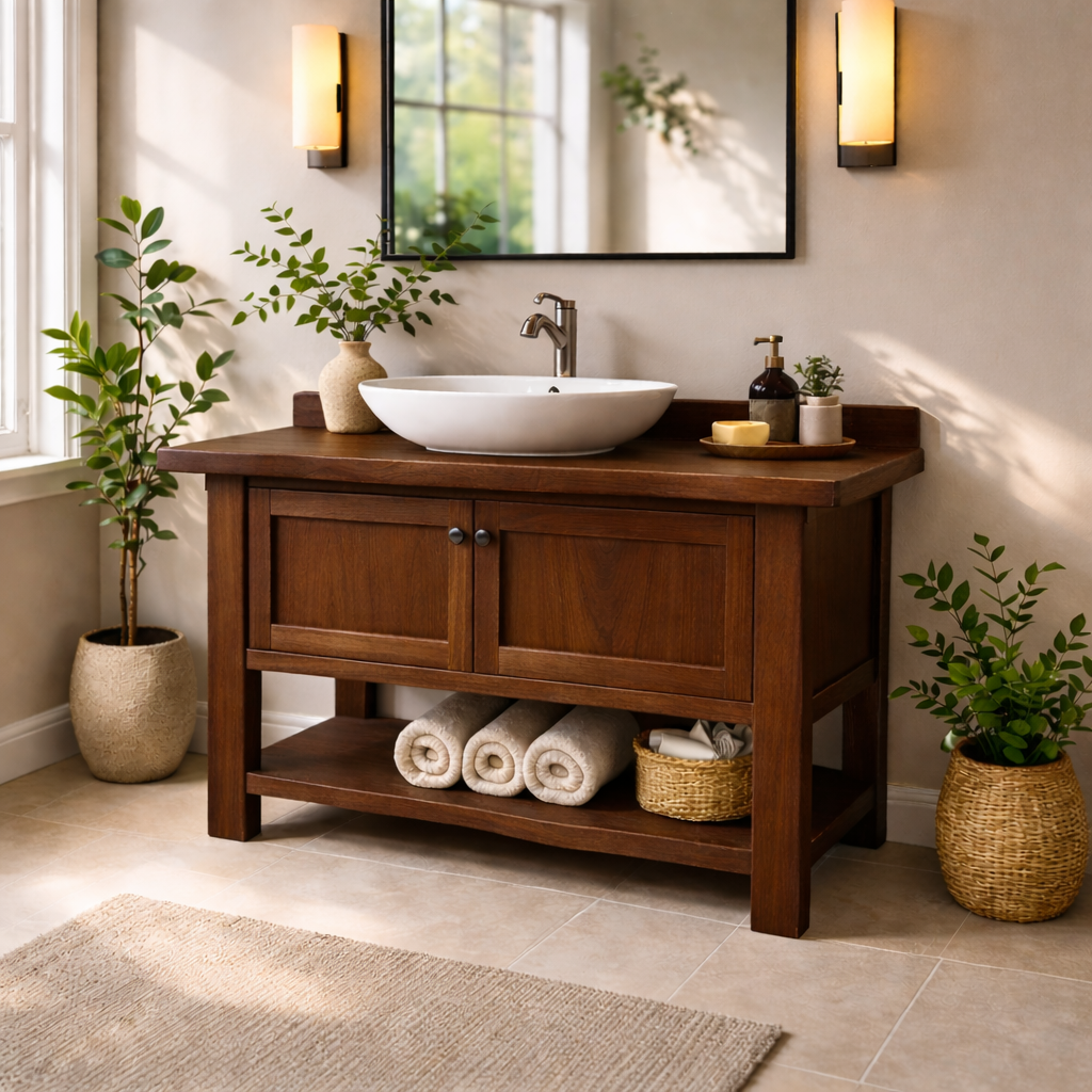 Solid Wood Bathroom Vanity with Double Doors & Open Shelf Storage