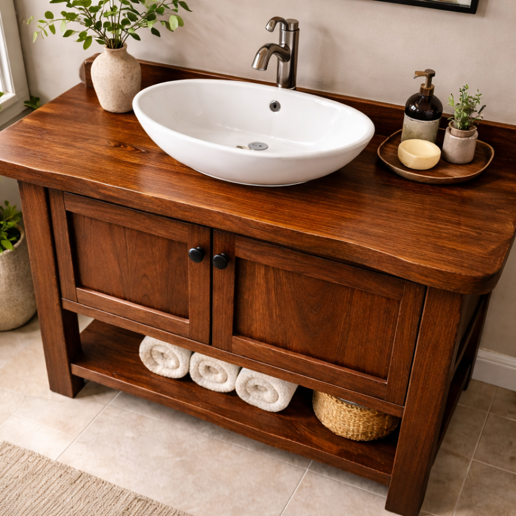 Solid Wood Bathroom Vanity with Double Doors & Open Shelf Storage