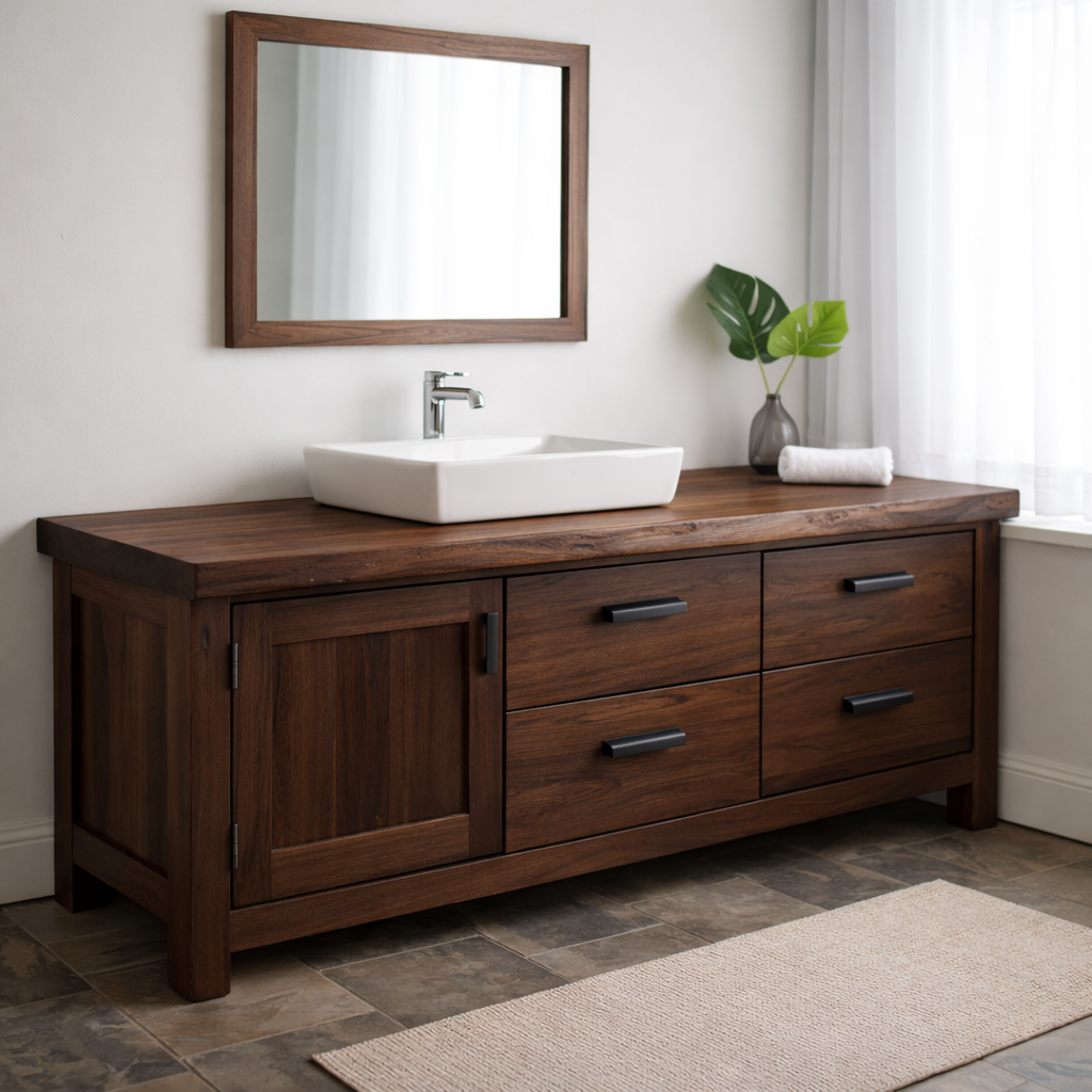 Solid Wood Bathroom Vanity with 4 Drawers & Side Cabinet Door