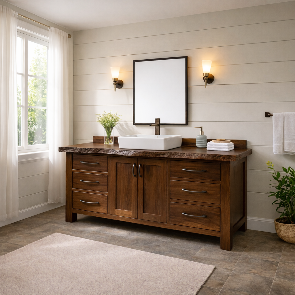 Live Edge Solid Wood Bathroom Vanity with 6 Drawers & Double Doors