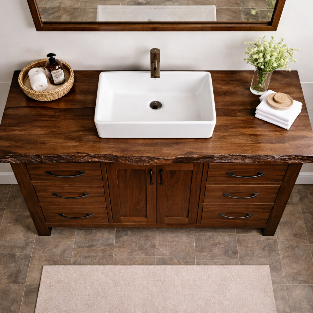 Live Edge Solid Wood Bathroom Vanity with 6 Drawers & Double Doors