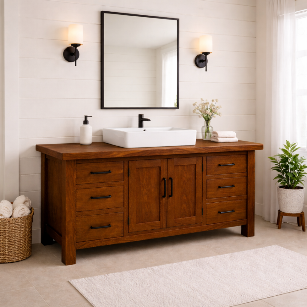 Solid Wood Bathroom Vanity with 6 Drawers & Double Door Cabinet