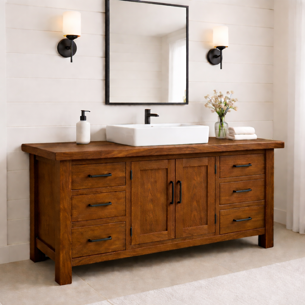 Solid Wood Bathroom Vanity with 6 Drawers & Double Door Cabinet