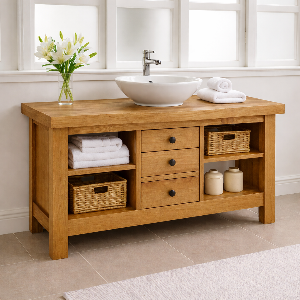 Solid Wood Bathroom Vanity with 3 Drawers & Open Shelf Storage