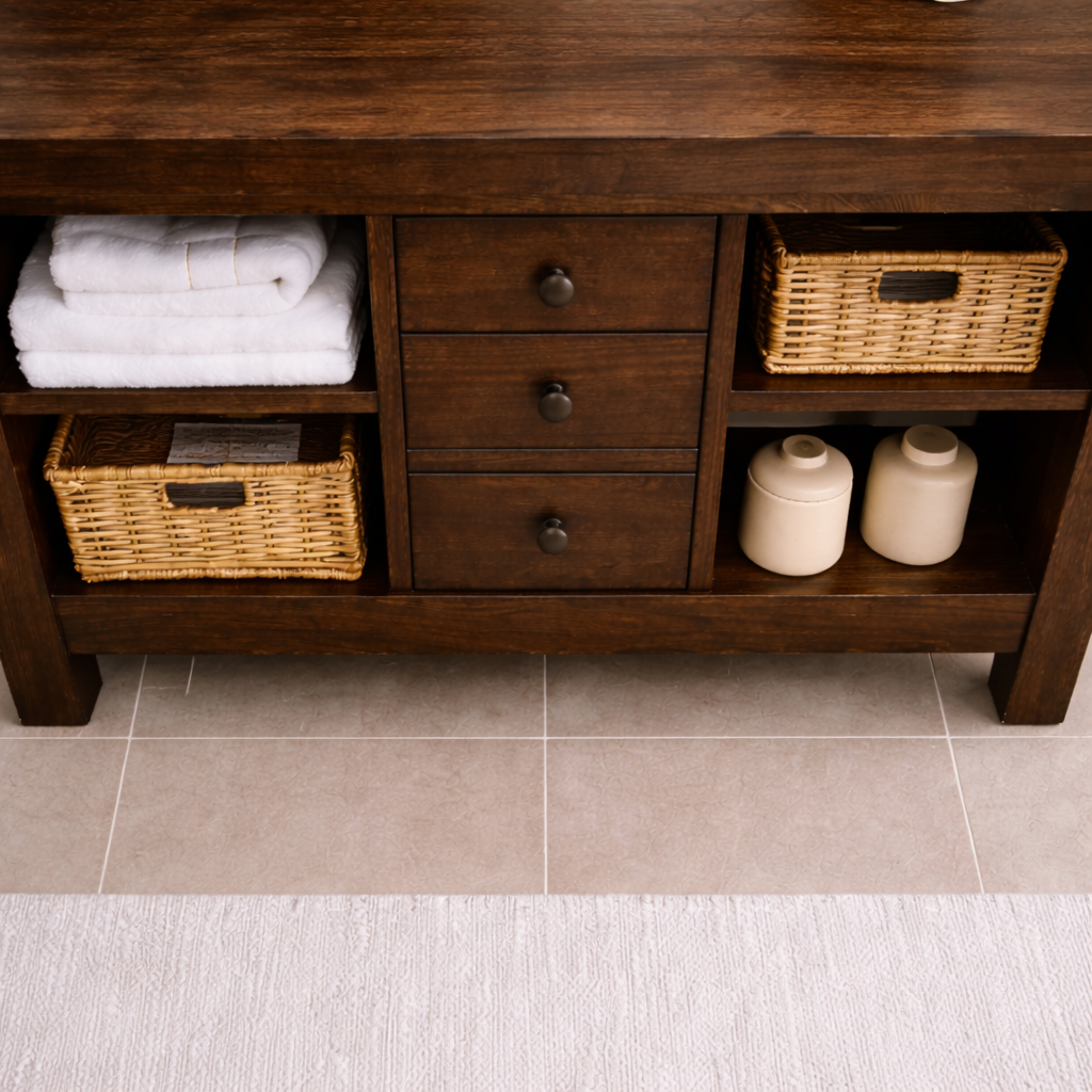 Solid Wood Bathroom Vanity with 3 Drawers & Open Shelf Storage