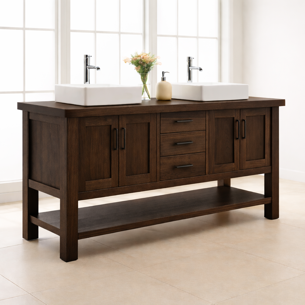 Solid Wood Double Bathroom Vanity with Drawers, Cabinets & Open Shelf