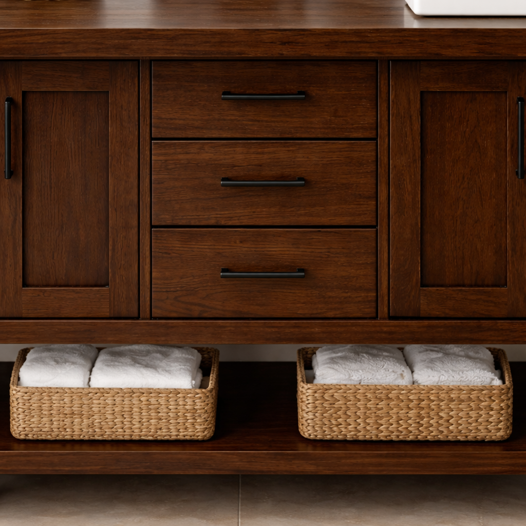 Solid Wood Double Bathroom Vanity with Drawers, Cabinets & Open Shelf