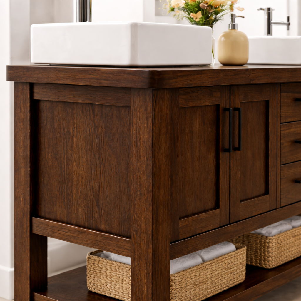 Solid Wood Double Bathroom Vanity with Drawers, Cabinets & Open Shelf