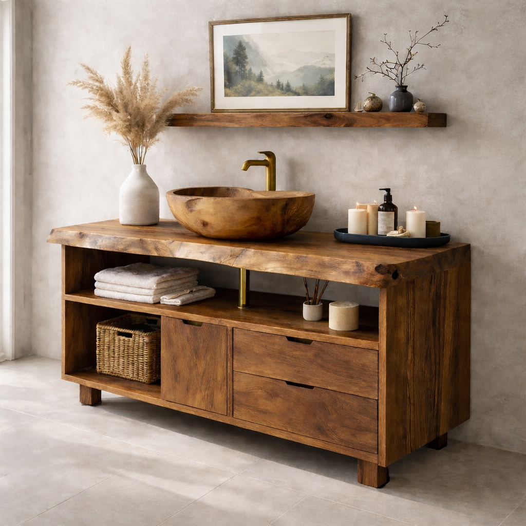 Solid Wood Bathroom Vanity with Live Edge Top & Open Shelf Storage