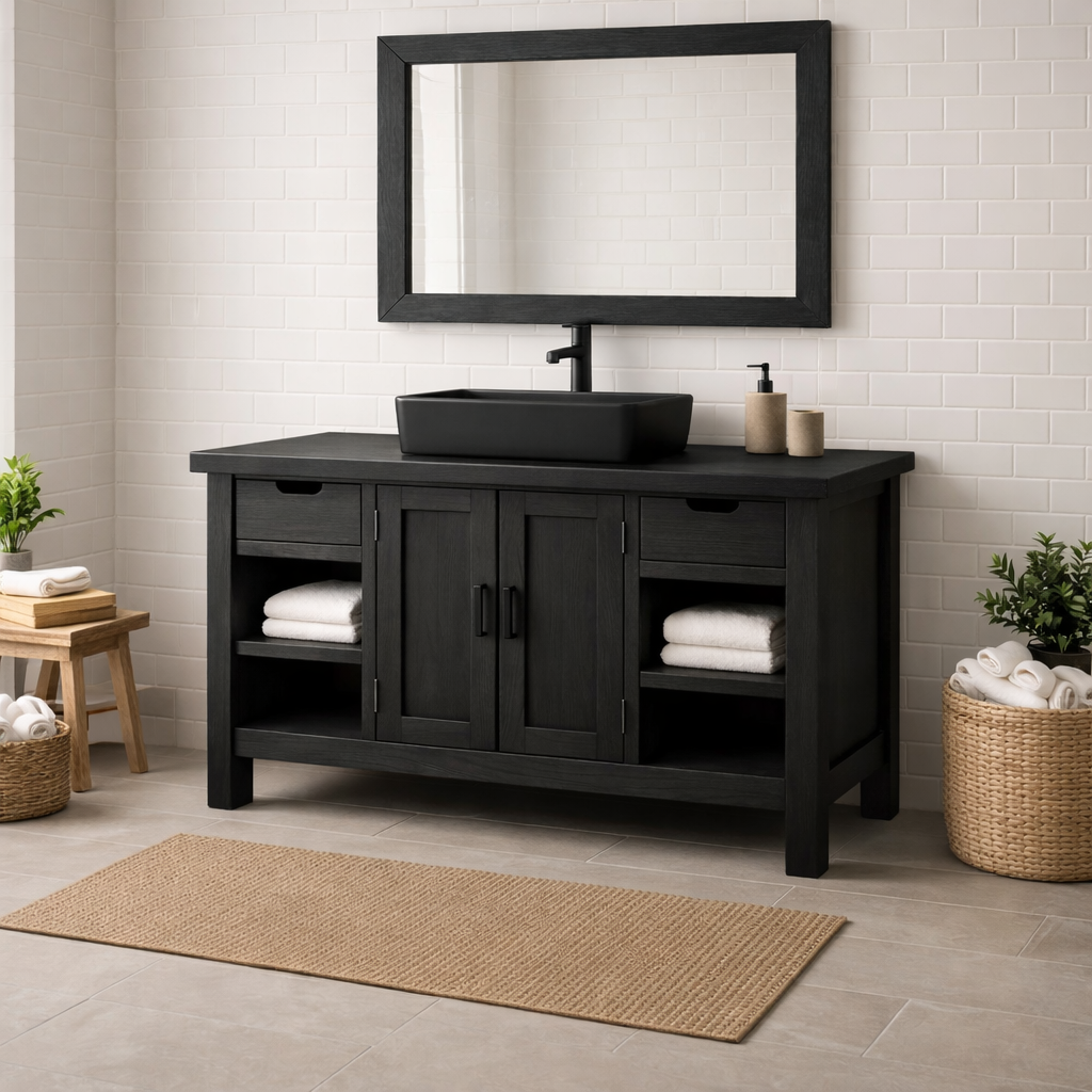 Solid Wood Bathroom Vanity with Drawers, Cabinet & Open Shelf Storage