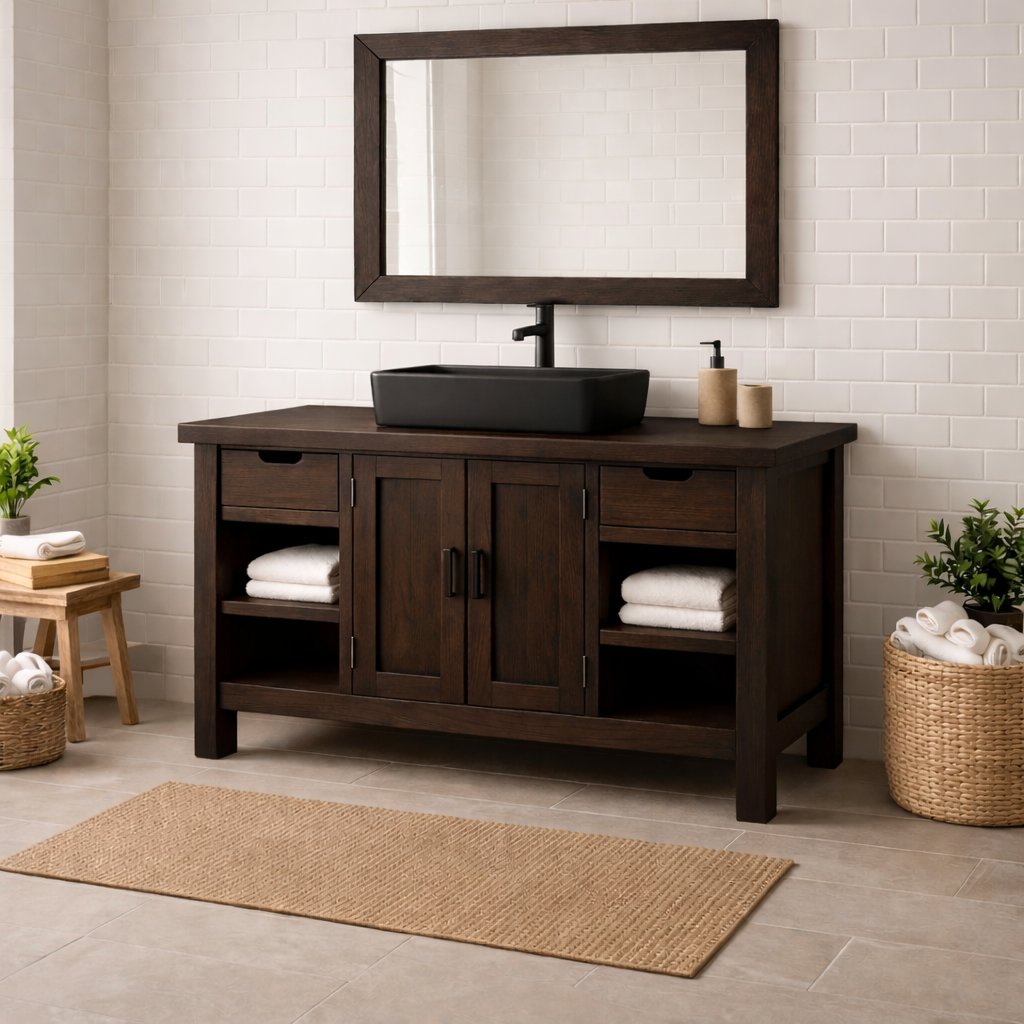 Solid Wood Bathroom Vanity with Drawers, Cabinet & Open Shelf Storage