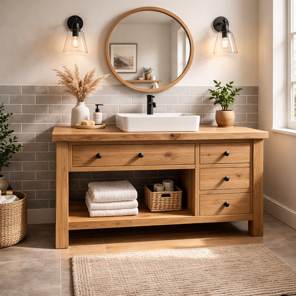 Solid Wood Bathroom Vanity with Drawers & Open Shelf Storage