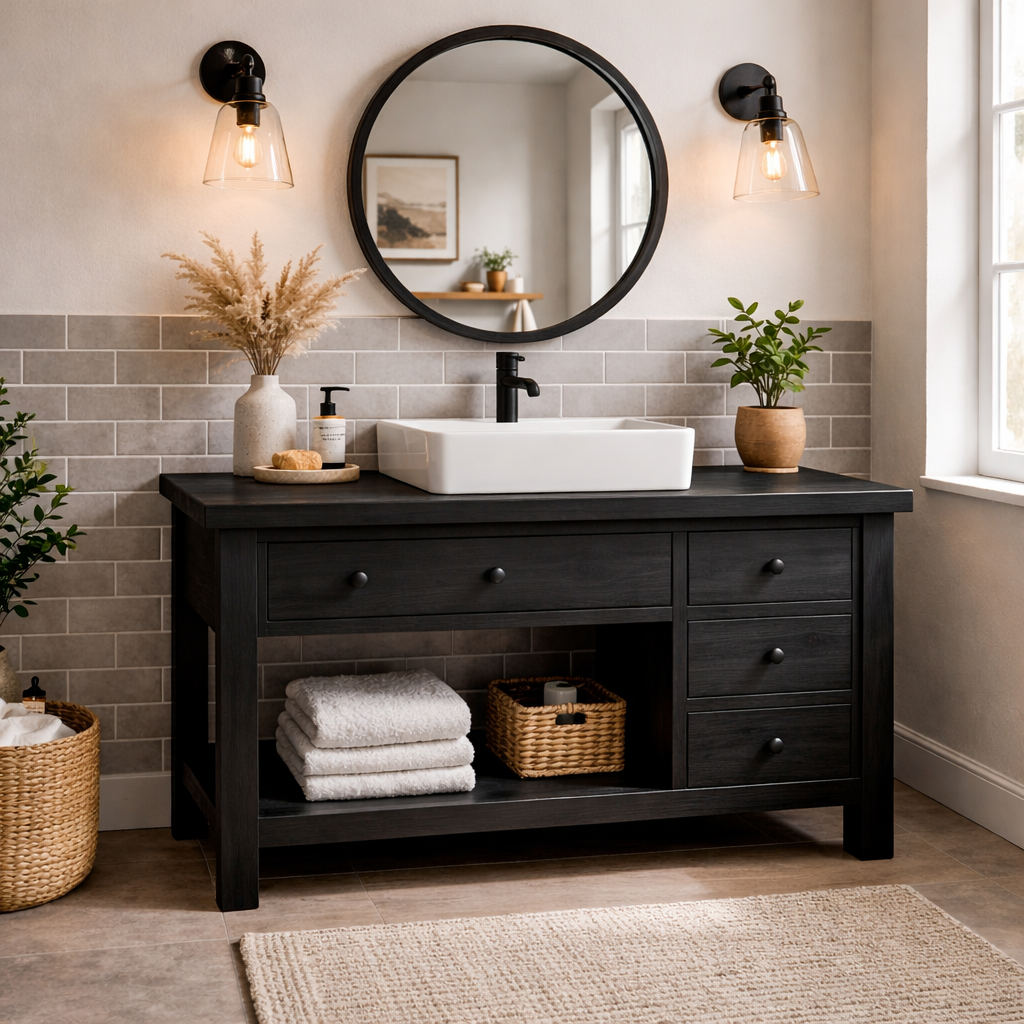 Solid Wood Bathroom Vanity with Drawers & Open Shelf Storage