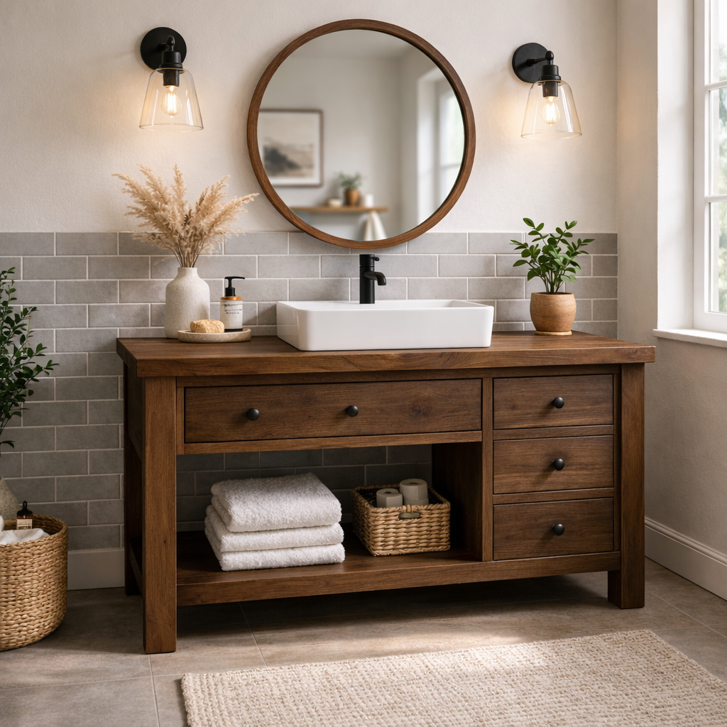 Solid Wood Bathroom Vanity with Drawers & Open Shelf Storage
