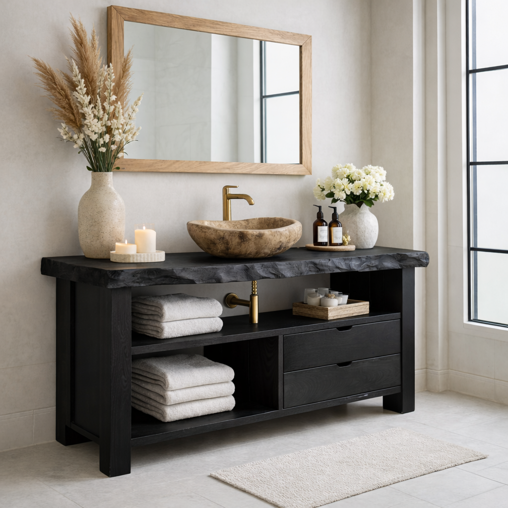 Solid Wood Bathroom Vanity with Live Edge Top & 2 Drawers