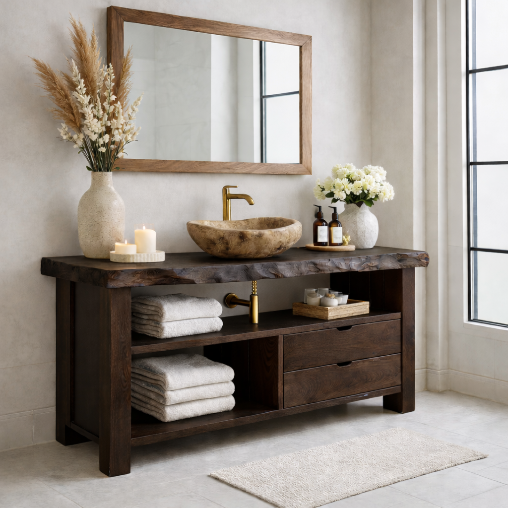 Solid Wood Bathroom Vanity with Live Edge Top & 2 Drawers