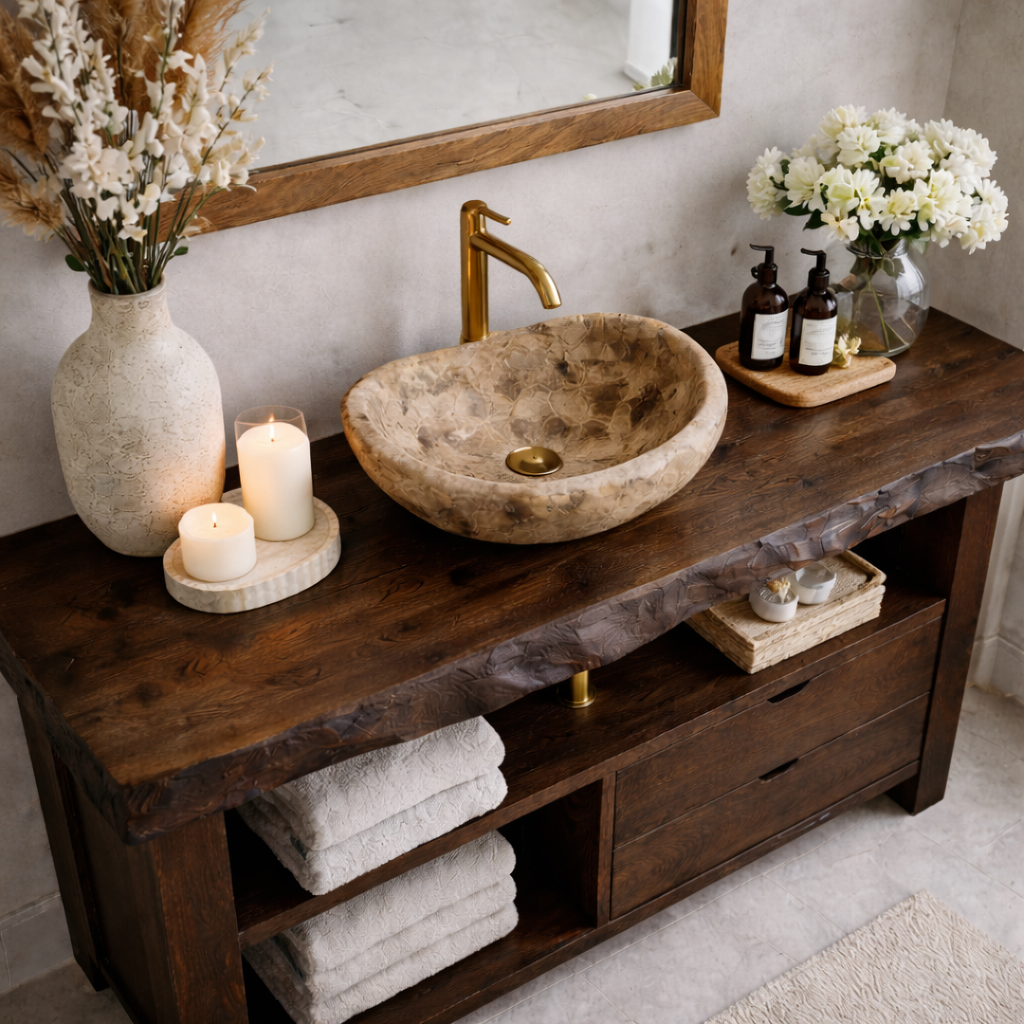 Solid Wood Bathroom Vanity with Live Edge Top & 2 Drawers