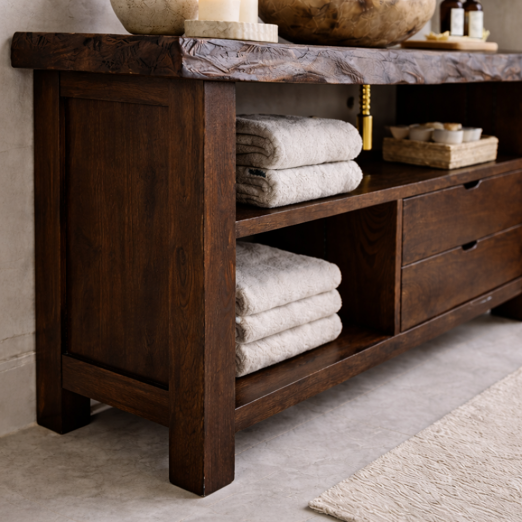 Solid Wood Bathroom Vanity with Live Edge Top & 2 Drawers
