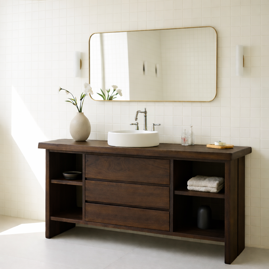 Solid Wood Bathroom Vanity with 3 Drawers & Open Shelf Storage