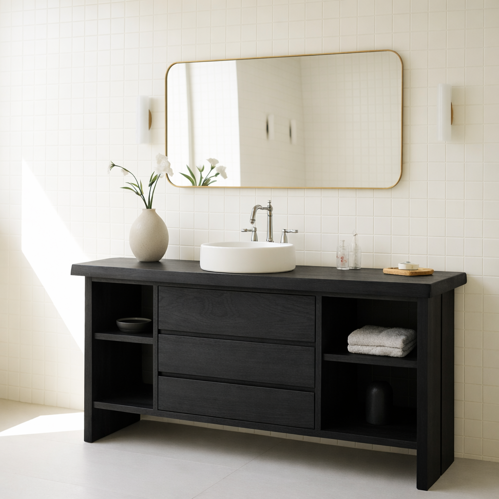 Solid Wood Bathroom Vanity with 3 Drawers & Open Shelf Storage