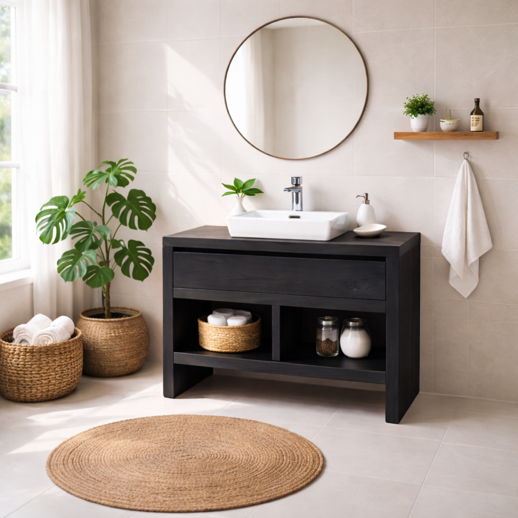 Solid Wood Bathroom Vanity with Drawer & Open Shelf Storage