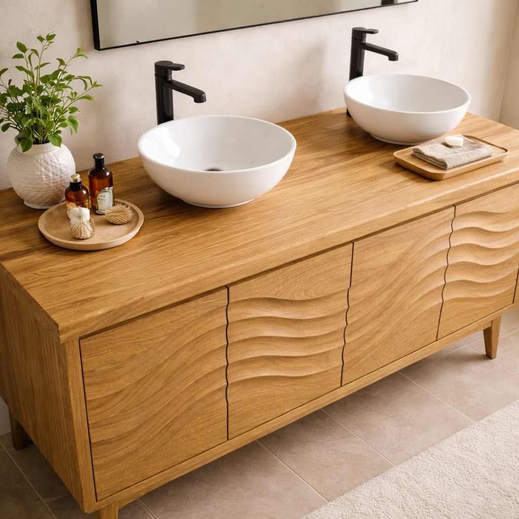 Solid Wood Double Sink Bathroom Vanity with Sculpted Wave Front