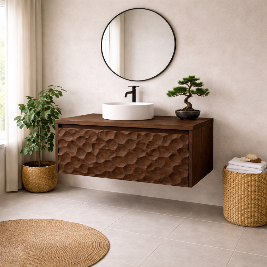 Solid Wood Floating Bathroom Vanity with Hand-Carved Front – Modern Wall Mounted Vanity