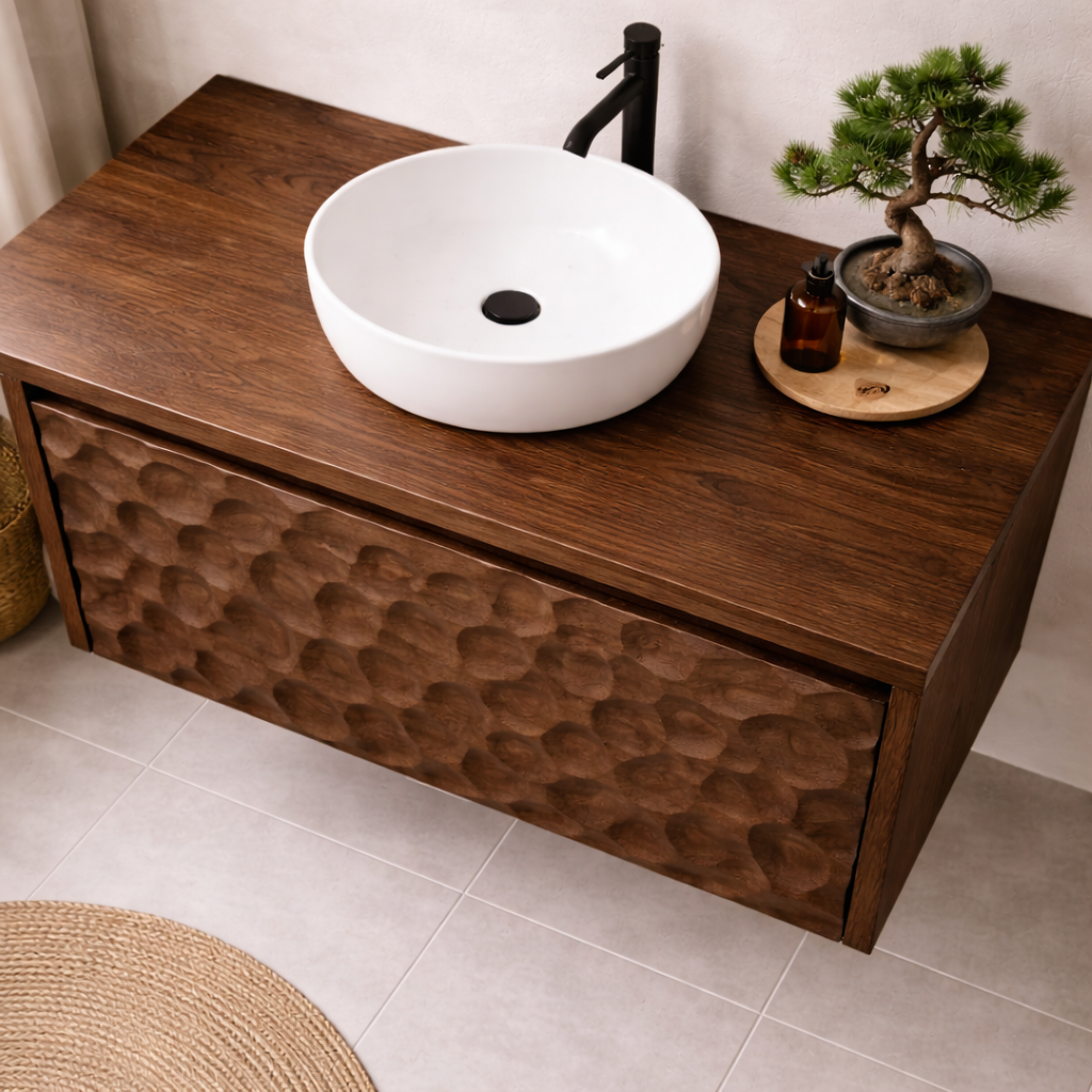 Solid Wood Floating Bathroom Vanity with Hand-Carved Front – Modern Wall Mounted Vanity