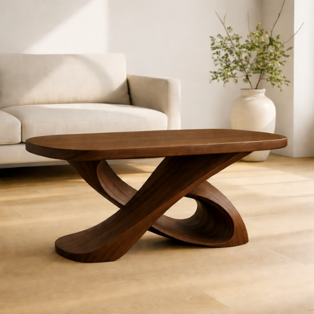 Modern Solid Wood Coffee Table with Sculptural Curved Base – Handmade Living Room Table