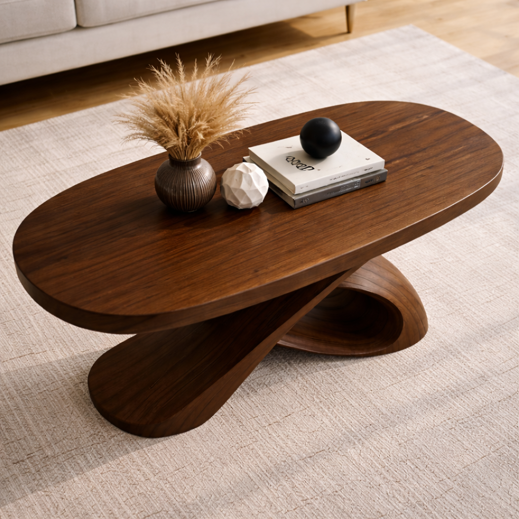 Modern Solid Wood Coffee Table with Sculptural Curved Base – Handmade Living Room Table