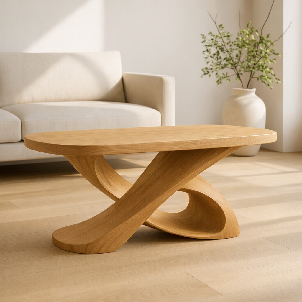 Modern Solid Wood Coffee Table with Sculptural Curved Base – Handmade Living Room Table