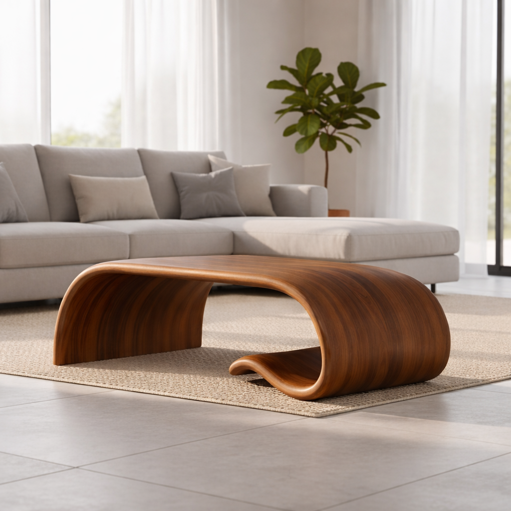 Solid Wood Sculptural Coffee Table with Curved Wave Base – Modern Organic Coffee Table