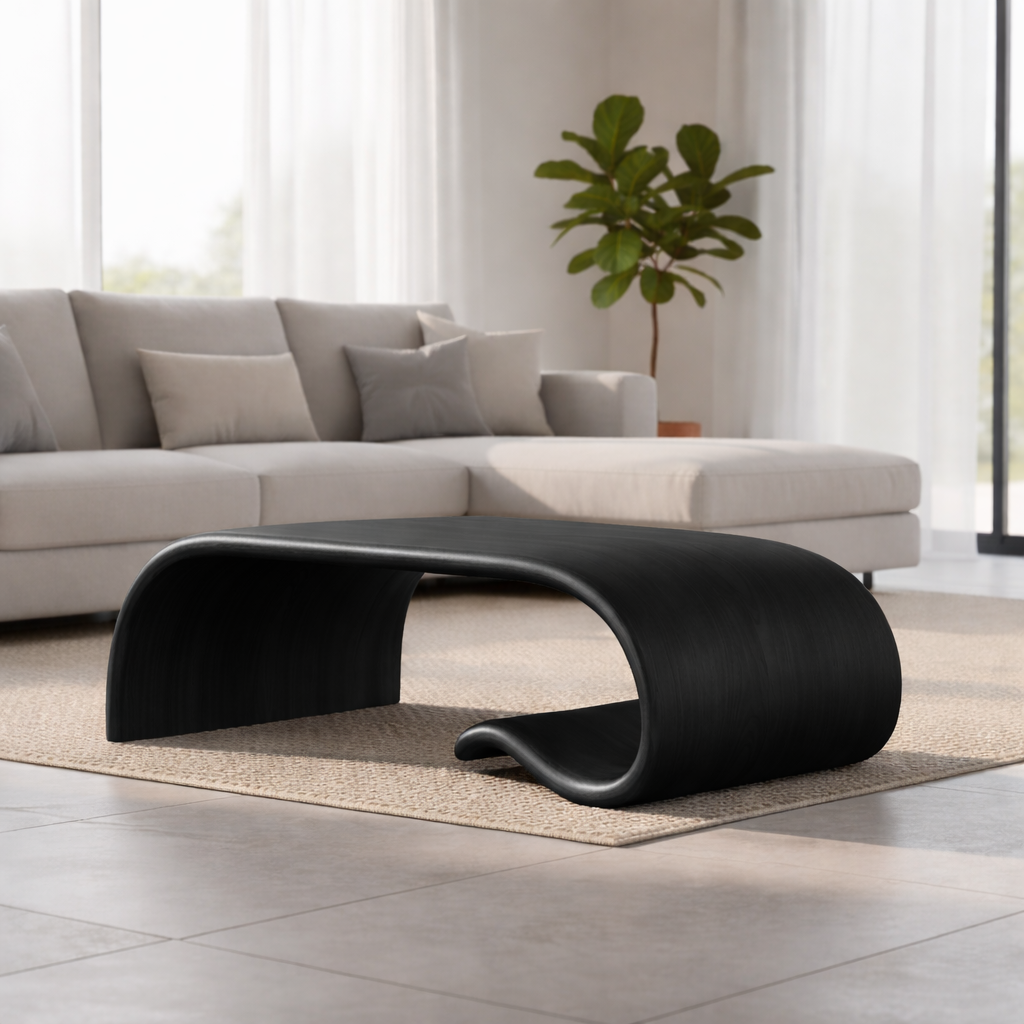 Solid Wood Sculptural Coffee Table with Curved Wave Base – Modern Organic Coffee Table
