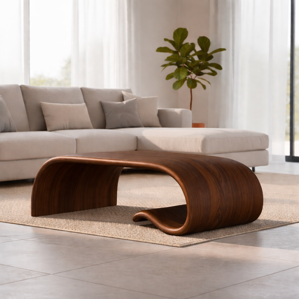 Solid Wood Sculptural Coffee Table with Curved Wave Base – Modern Organic Coffee Table