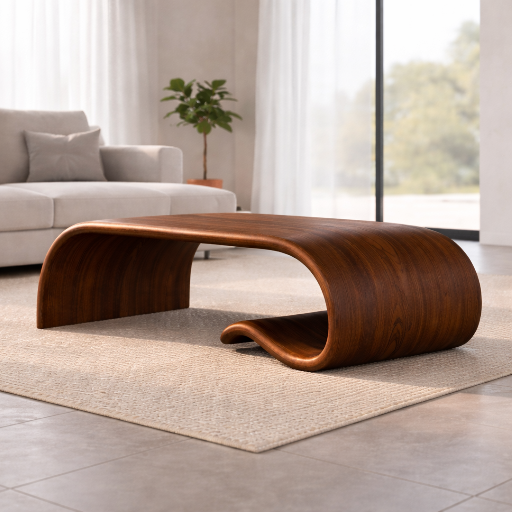 Solid Wood Sculptural Coffee Table with Curved Wave Base – Modern Organic Coffee Table
