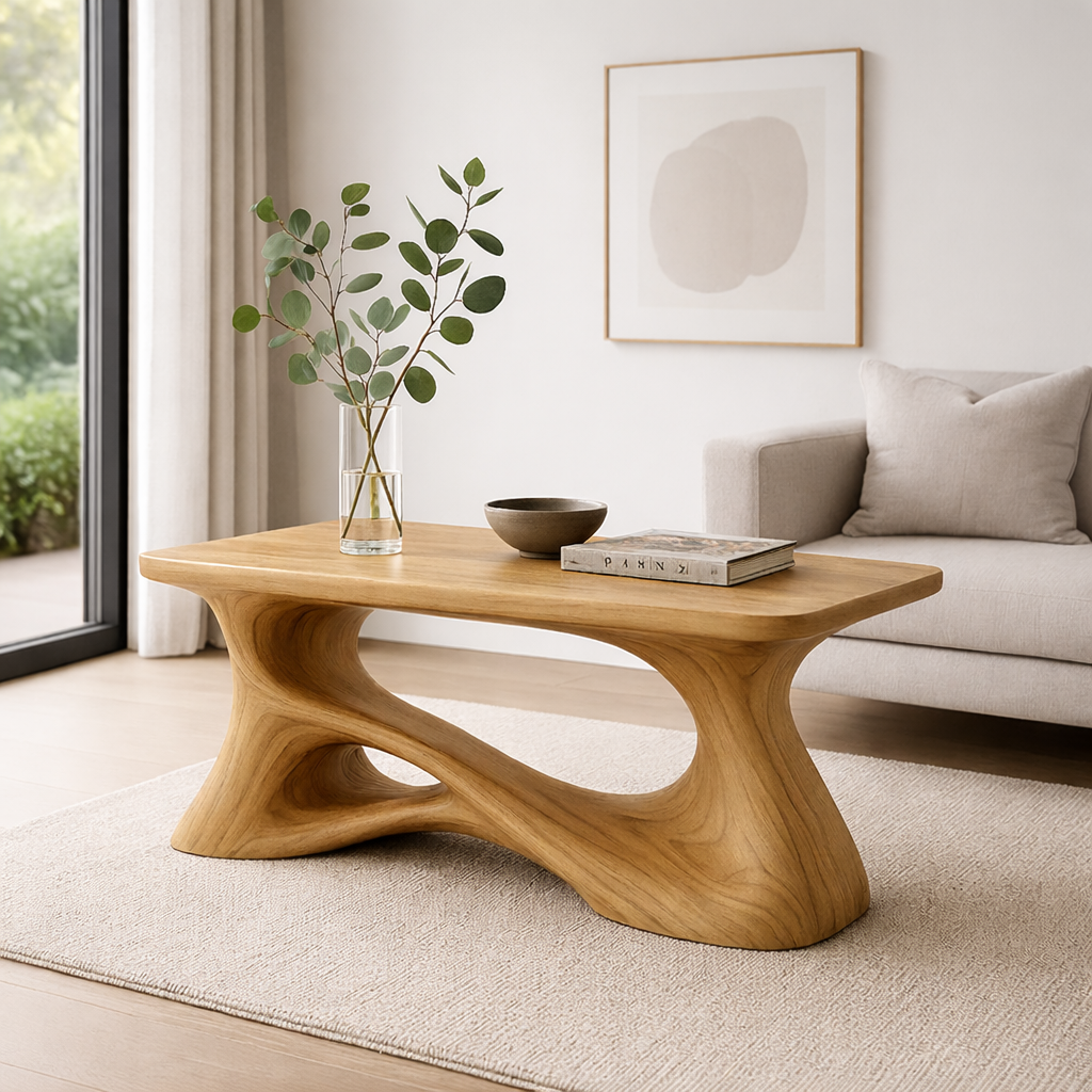 Solid Wood Sculptural Coffee Table with Organic Curved Base – Modern Rustic Coffee Table