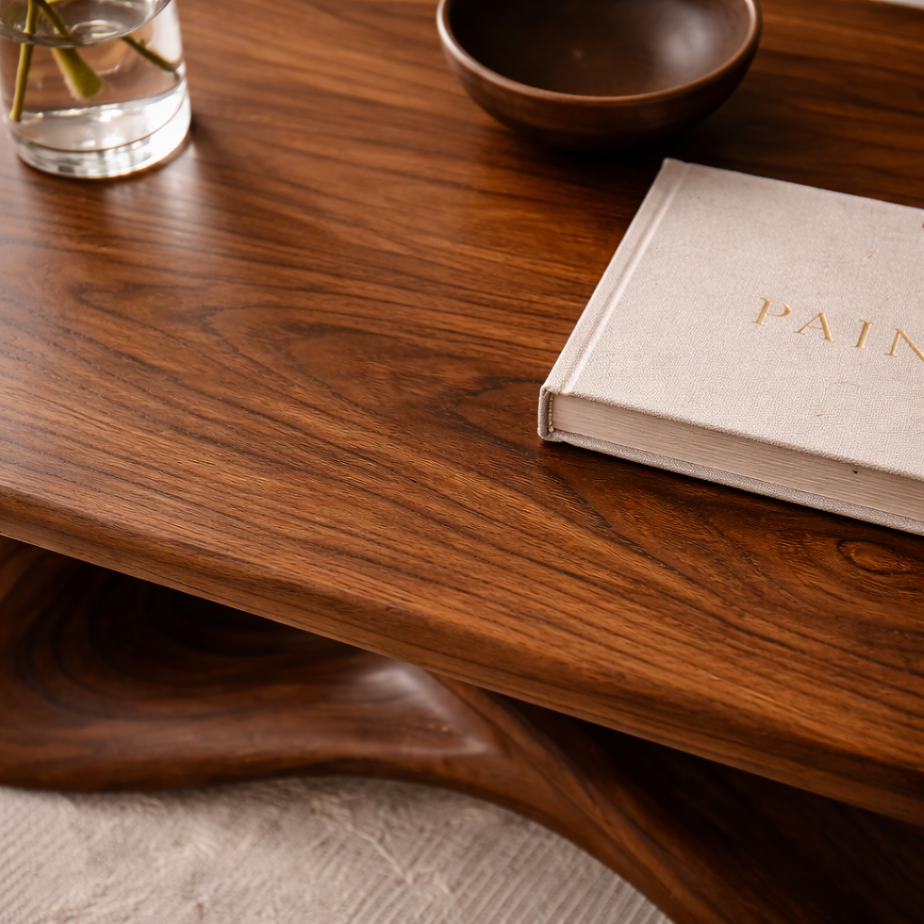 Solid Wood Sculptural Coffee Table with Organic Curved Base – Modern Rustic Coffee Table