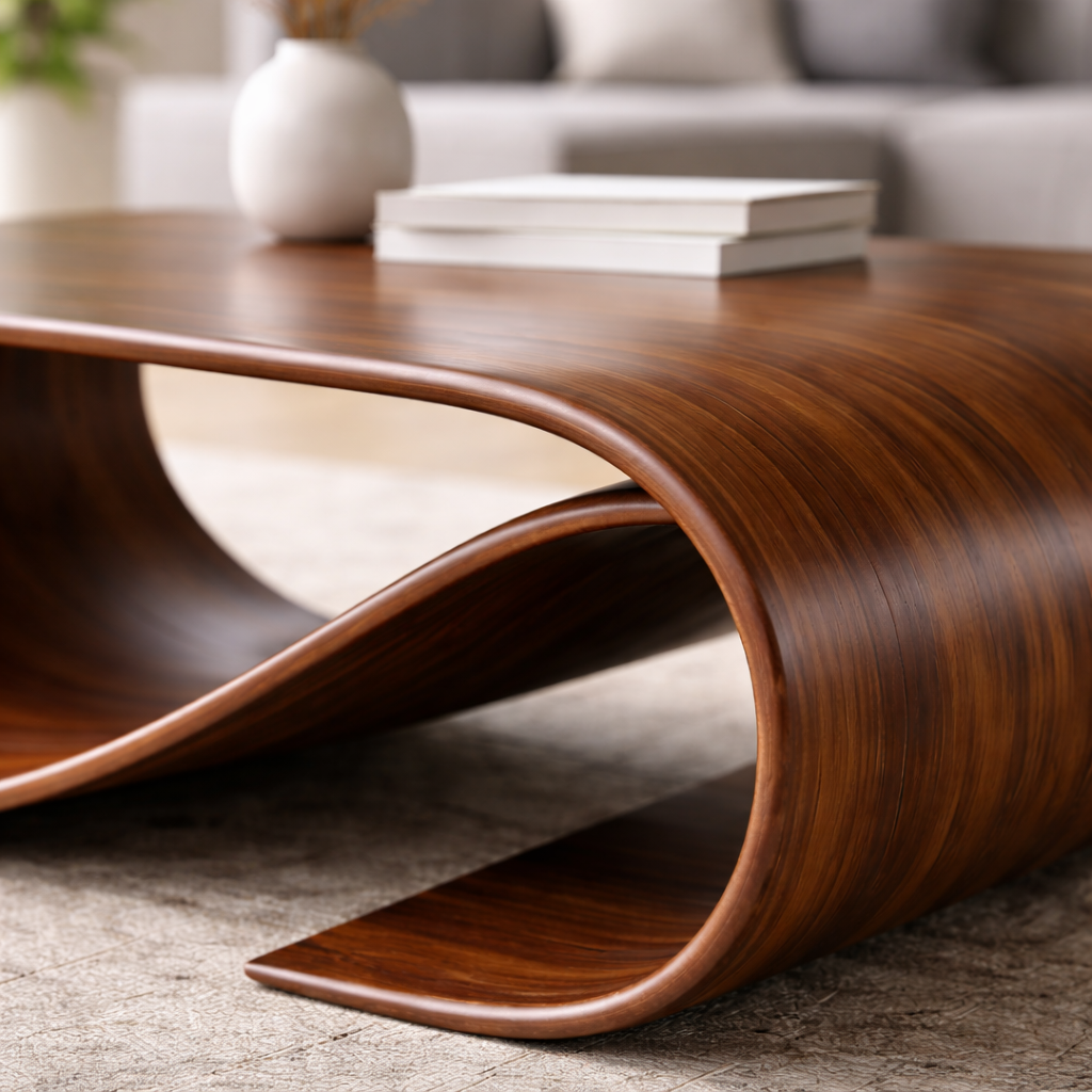 Solid Wood Sculptural Coffee Table with Curved Loop Base – Modern Organic Coffee Table