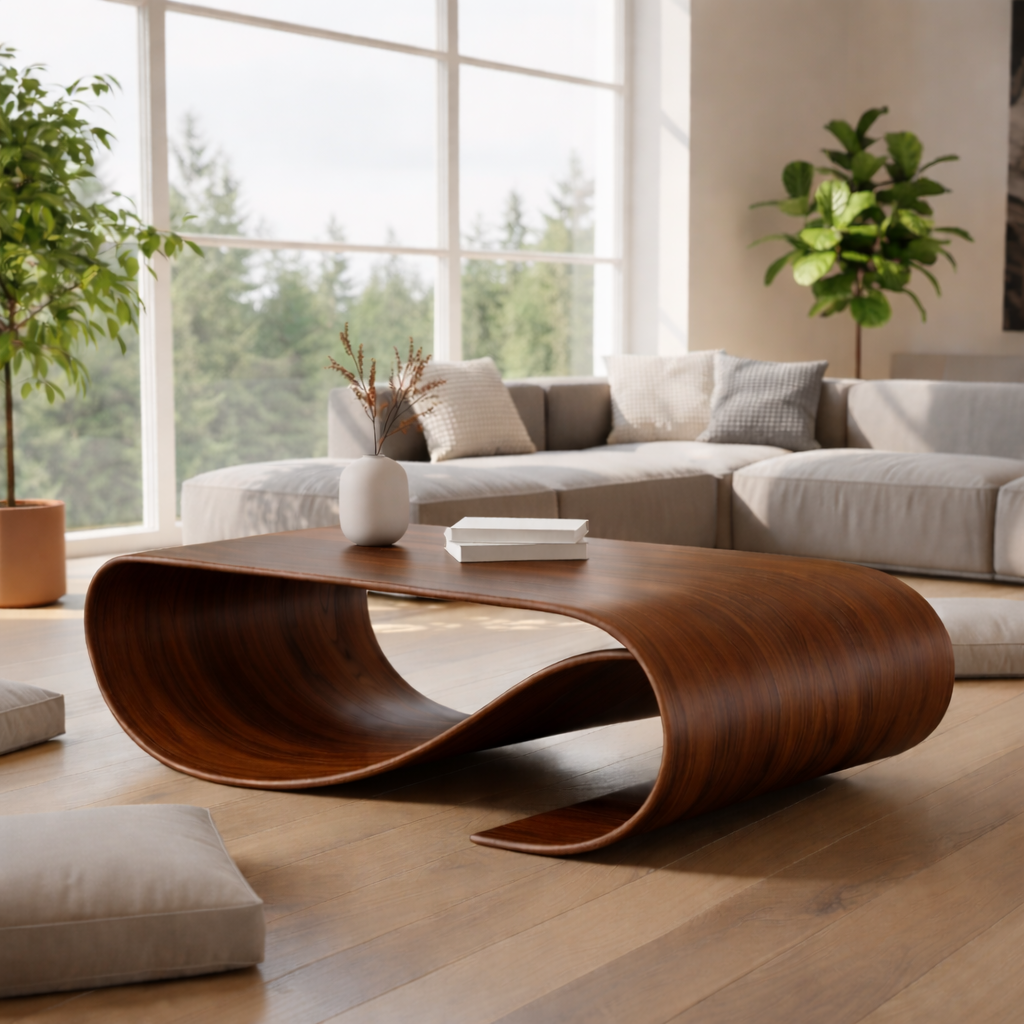 Solid Wood Sculptural Coffee Table with Curved Loop Base – Modern Organic Coffee Table