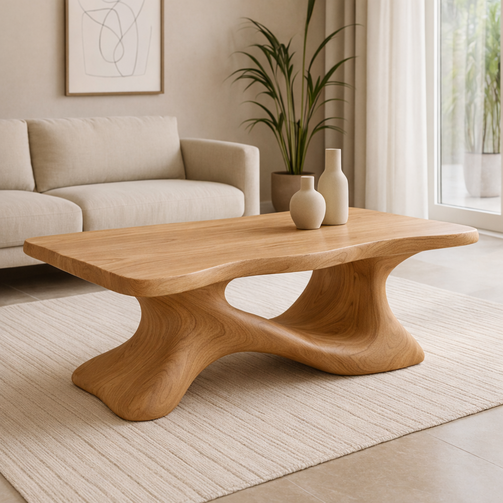 Solid Wood Sculptural Coffee Table with Organic Curved Base – Modern Living Room Table