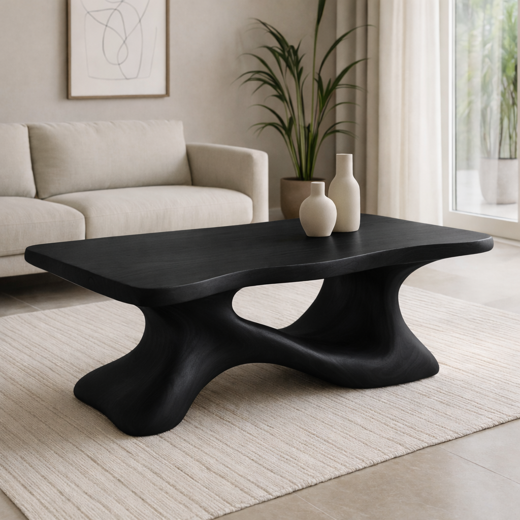 Solid Wood Sculptural Coffee Table with Organic Curved Base – Modern Living Room Table