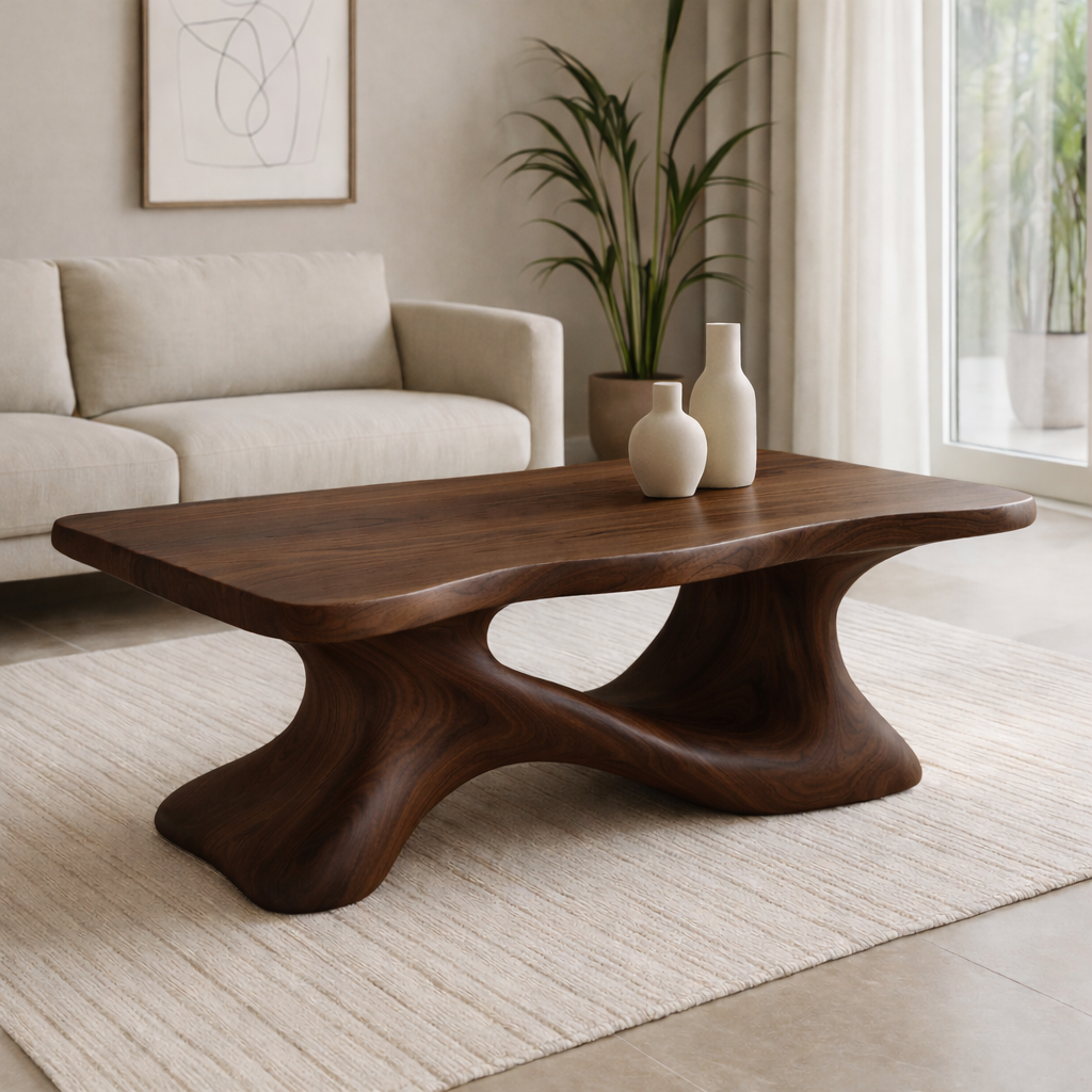 Solid Wood Sculptural Coffee Table with Organic Curved Base – Modern Living Room Table