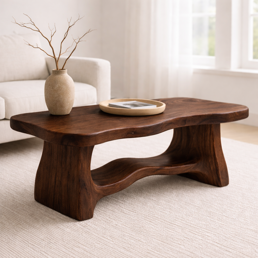 Solid Wood Coffee Table with Organic Curved Base – Rustic Modern Living Room Table