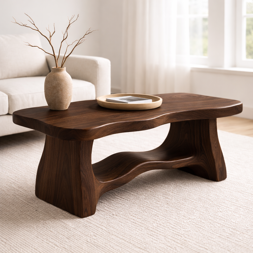 Solid Wood Coffee Table with Organic Curved Base – Rustic Modern Living Room Table